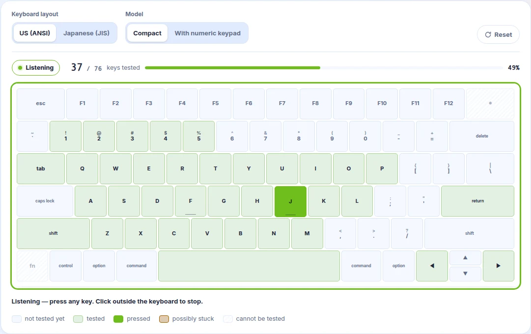Keyboard tester listening on the US layout, with tested keys highlighted, one key held down and the coverage bar filling