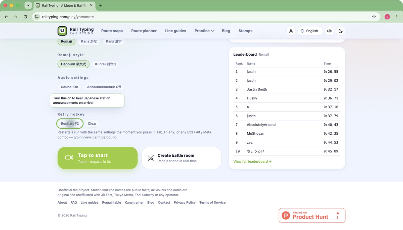 Yamanote Line setup page with F2 assigned as the retry hotkey