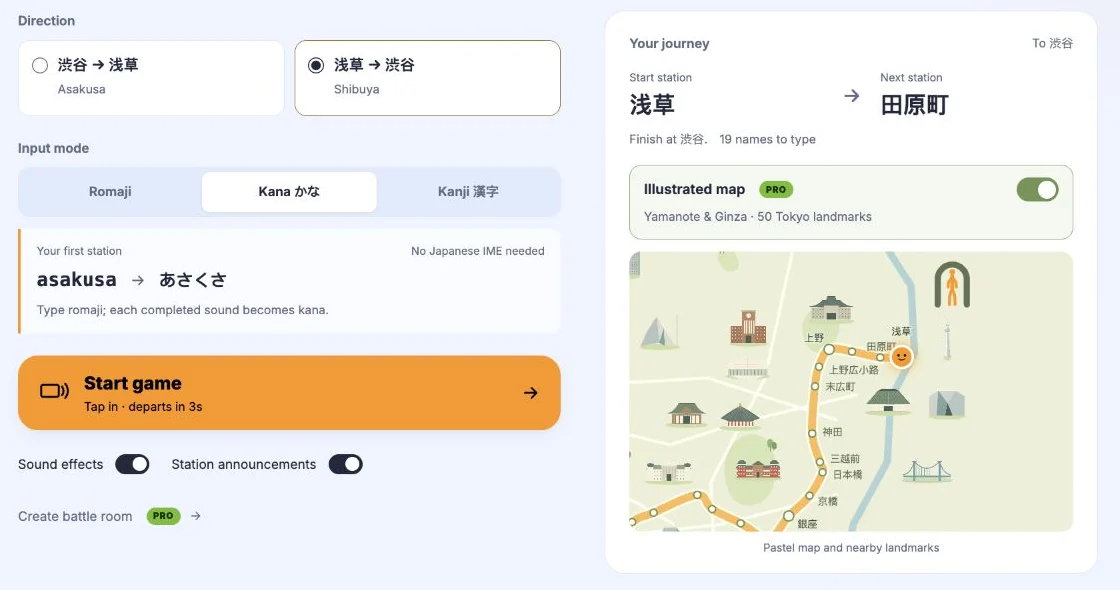 Ginza Line setup with the Illustrated map Pro switch enabled above the pastel route preview